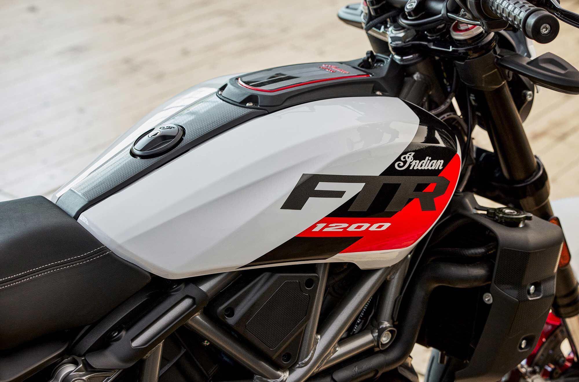 New tank panel design on the FTR Sport, shown here in the White Lightning/Indy Red scheme, which will set you back $15,999.