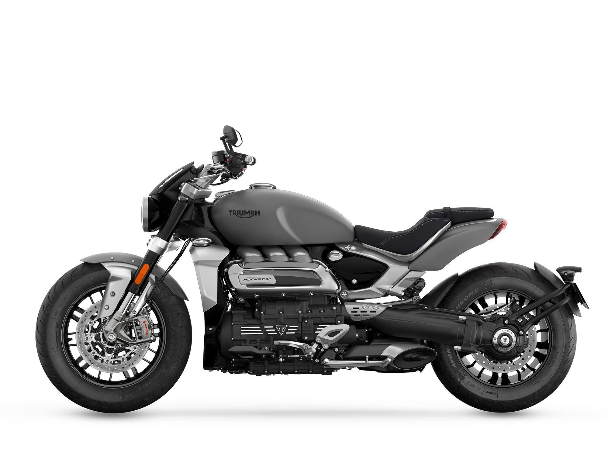 The 2,500cc 165 hp Rocket 3 R returns for 2023 with a new Matte Silver Ice color choice.