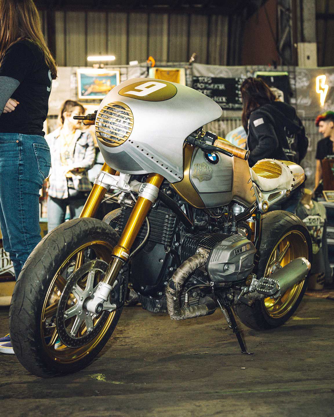 Theresa Contreras walked away with the Female Builder award for the 2015 BMW R nineT she built with Jessi Combs (RIP). Eight years after completion, the bike still draws lots of eyeballs with its Schwinn-style flake seat, custom fabricated front fairing, billet wheels, and Theresa's custom paint job.