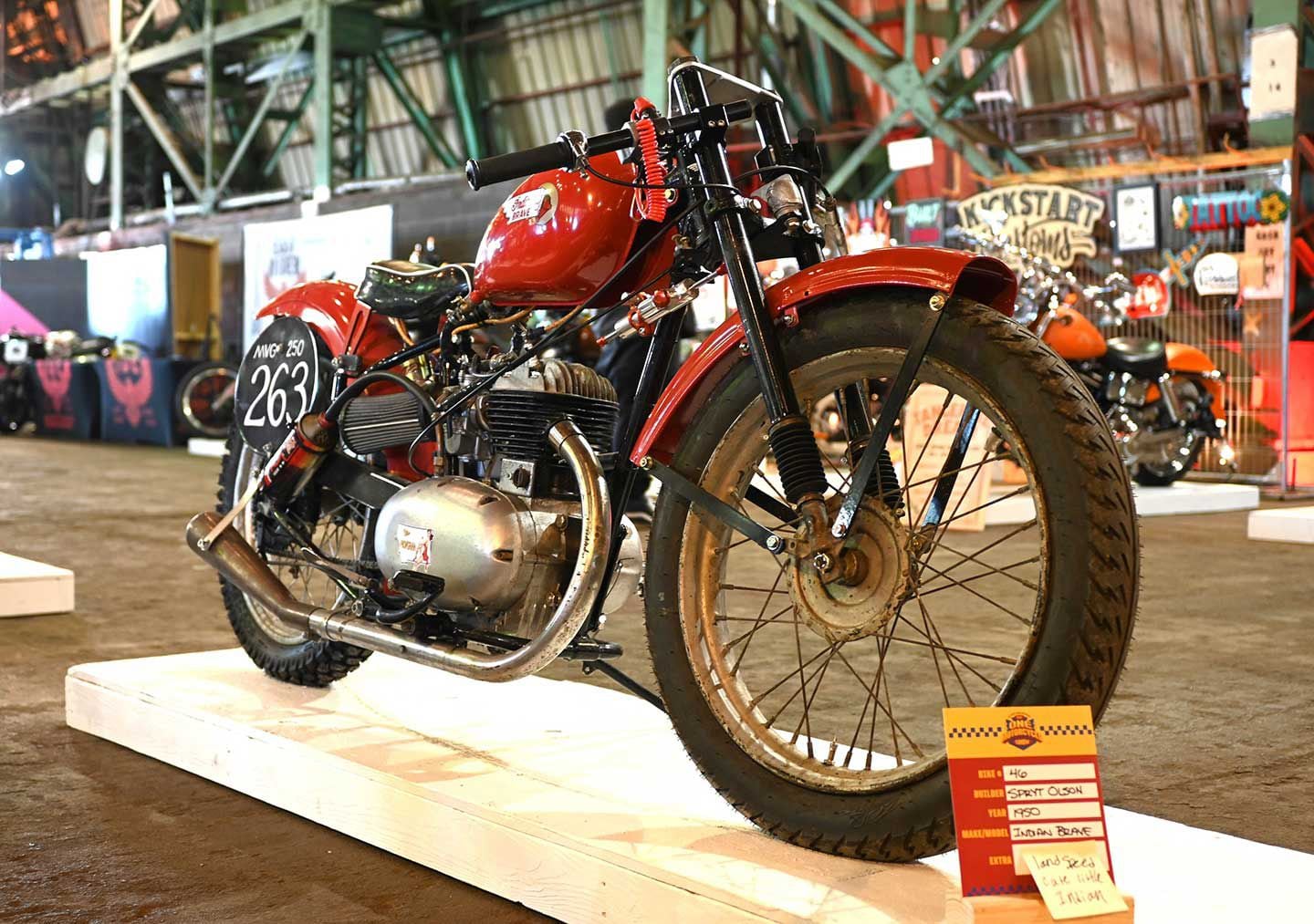 An enigma in the big-bore world of Indian, the single-cylinder side-valve 250cc Brave was produced in limited numbers by Brockhouse Engineering in England and never caught on in the US. Still cool to spot this bike at the show, brought in by Spryt Olson.