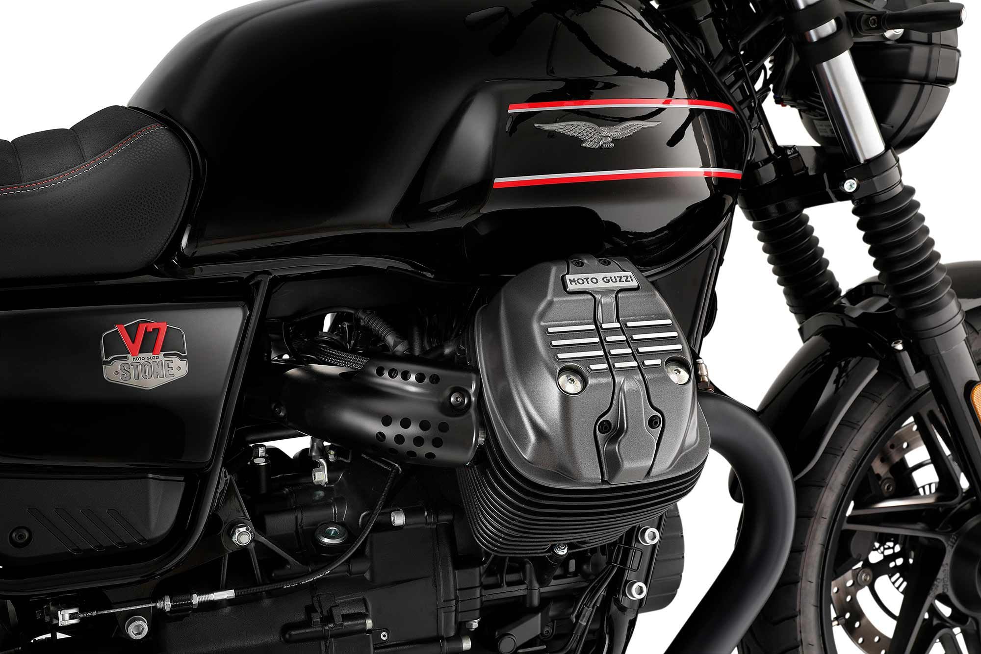 This special V7 Stone is not murdered out completely, with bright red accents on the badging, tank, and seat stitching to add contrast.