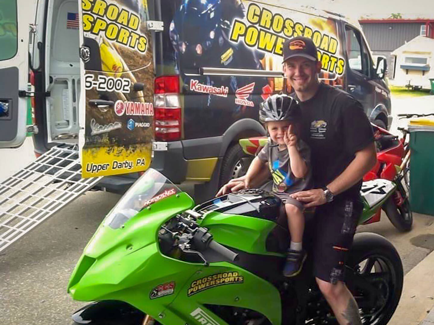 Derek Osner of Crossroad Powersports expert road racer with son Damien. Three generations of Osners have high-level racing on their resumes.