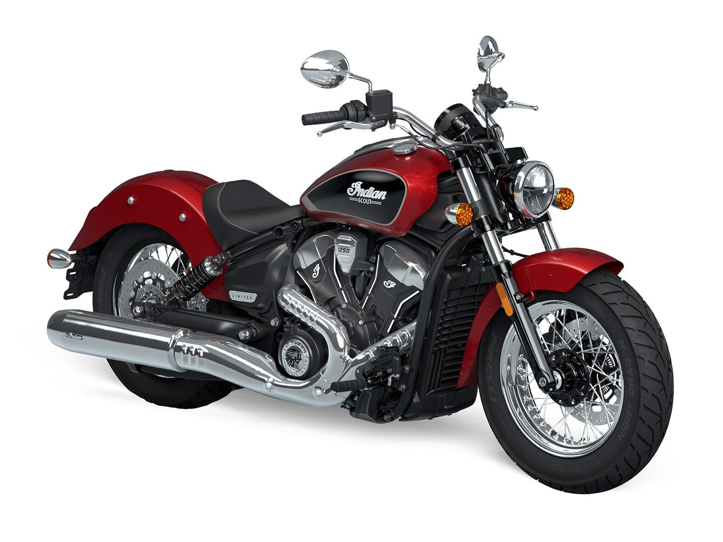 The 2025 Indian Scout Classic with Limited +Tech in Sunset Red Metallic.