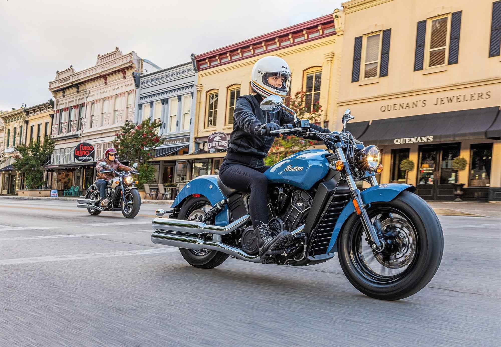 The smaller-displacement 60ci Scout Sixty returns unchanged as well; for 2023, color options include Black Metallic ($11,749 without ABS) and the Storm Blue you see here ($13,149, with ABS).