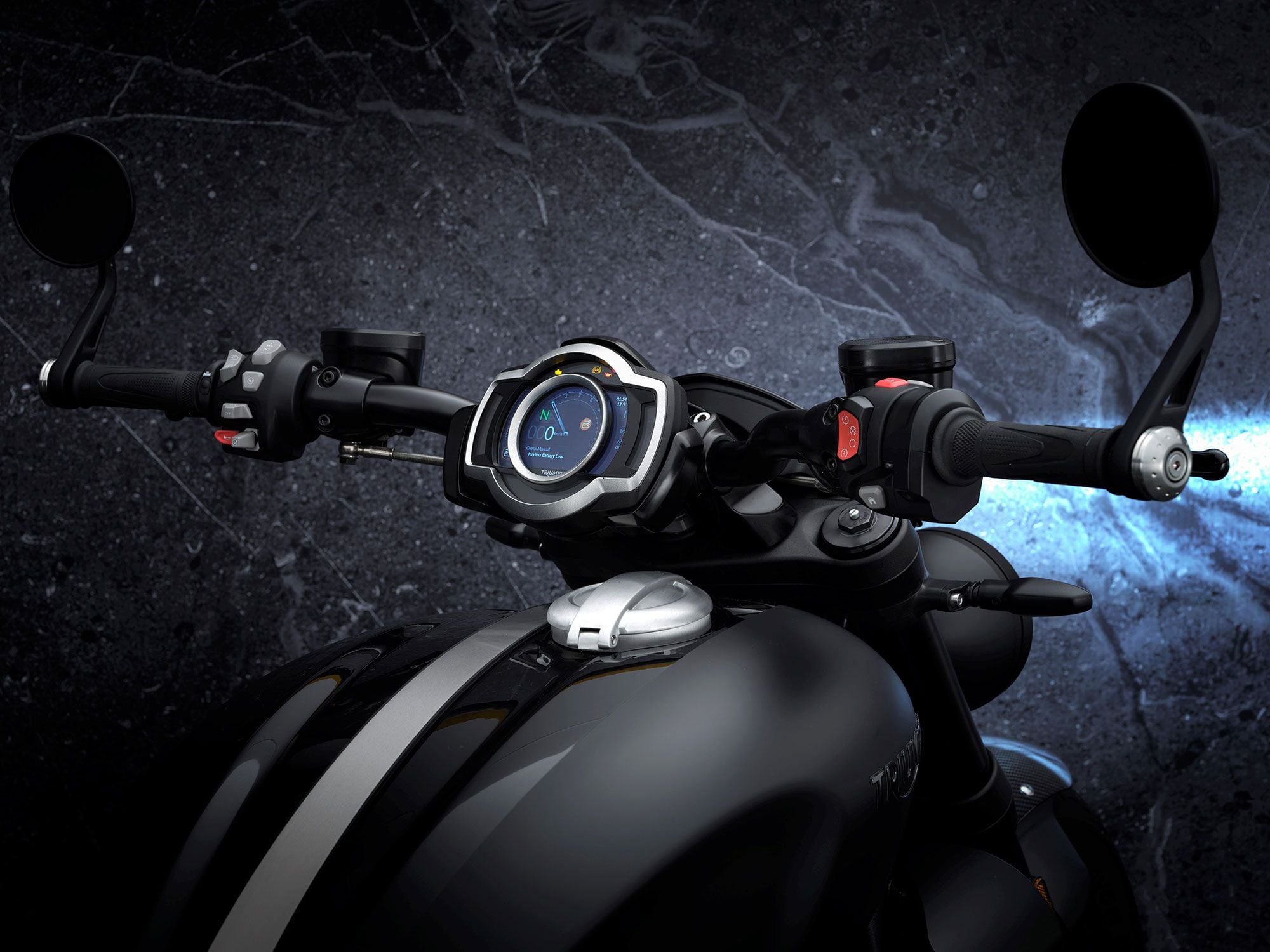 Four riding modes come standard, and the TFT dash can be configured for the My Triumph connectivity app. Shown is the Rocket 3 R Black cockpit.