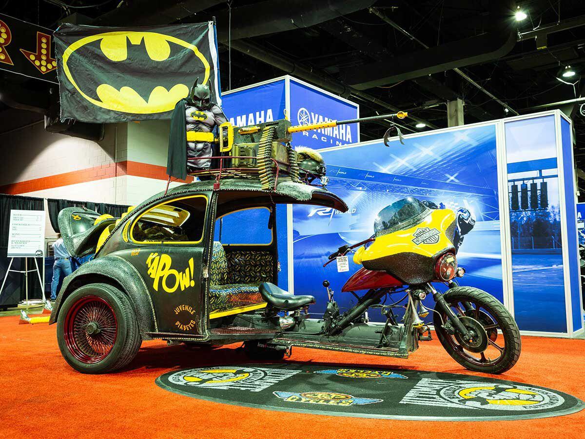 Bryant Levant won the People’s Choice category in the IMS Chicago round with this mash-up of a 1971 VW Trike and Harley Street Glide, featuring an LED light system sound system and a .50-cal replica weapon on the roof.