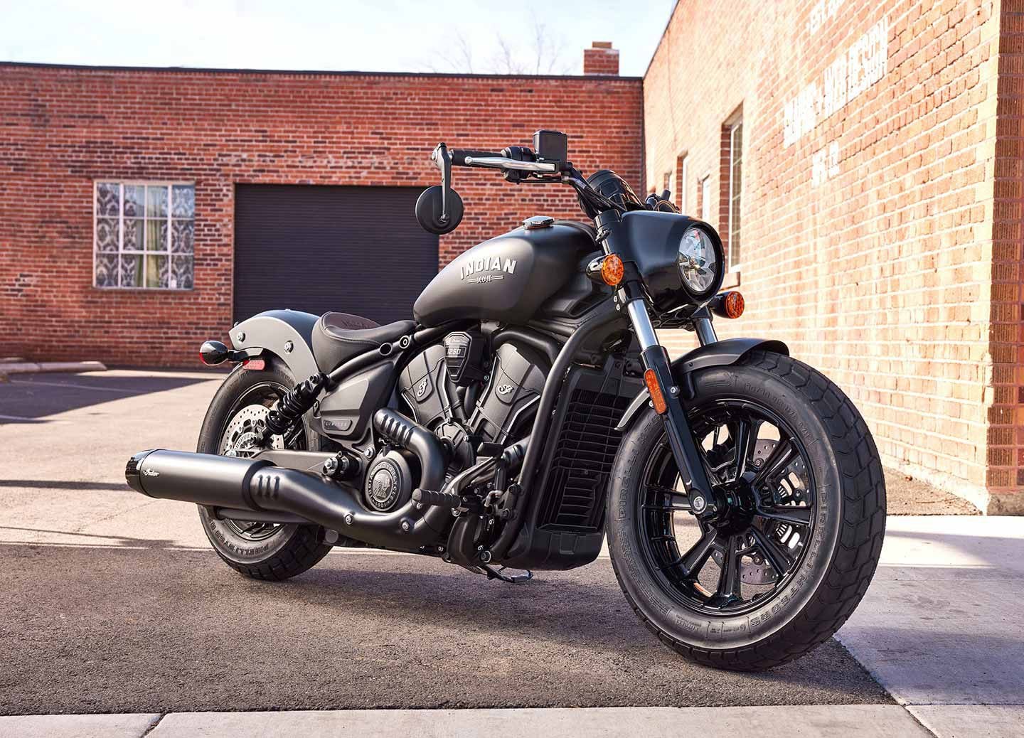The 2025 Scout Bobber keeps the moody black-out look of its predecessor, with slammed suspension and chunky 16-inch tires, but gets a new engine and exhaust.