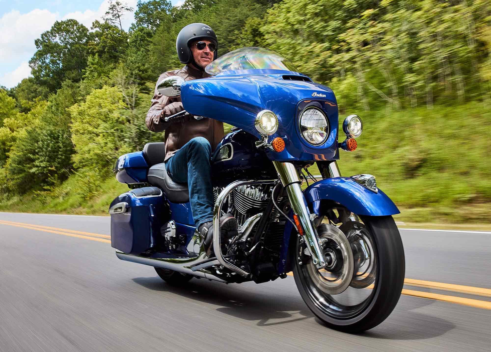 Spirit Blue Metallic is a new color option on the 2023 Chieftain Limited; it’ll cost $28,749. Model is shown with accessories.