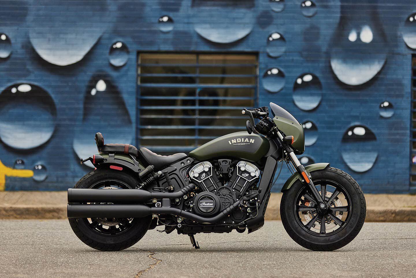 Indian has made sure there’s no shortage of accessories to farkle out your cruiser with. This Scout Bobber rocks an accessory fairing, rear pillion seat with mini-backrest, and probably a pile of other stuff we’re missing.