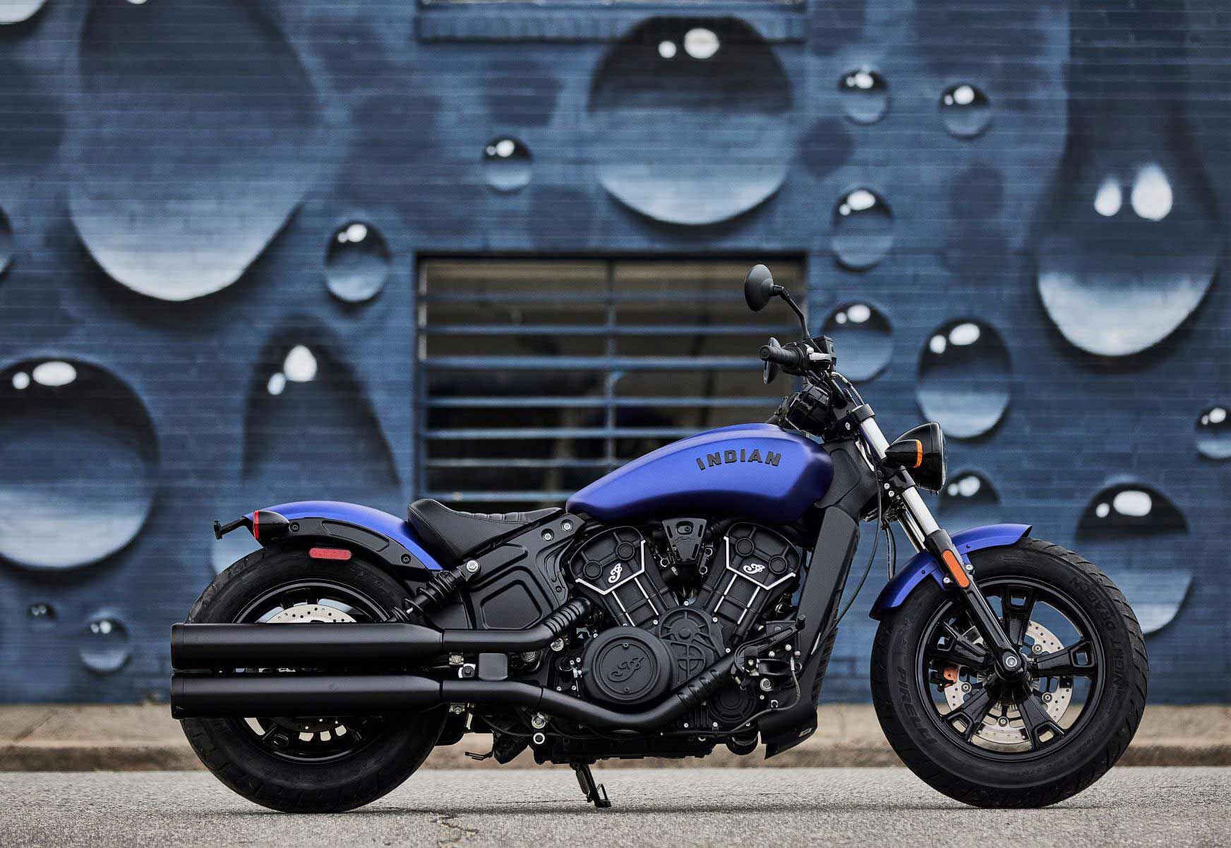 If you’re looking for true minimalism, the blacked-out and elemental Scout Bobber Sixty is just the ticket. It also sees no changes for 2022, except for the new Spirit Blue Smoke you’re looking at, and the new Stryker Red Metallic color (both $12,149, and both with ABS). You can still have it in Black Metallic ($10,749 without ABS).