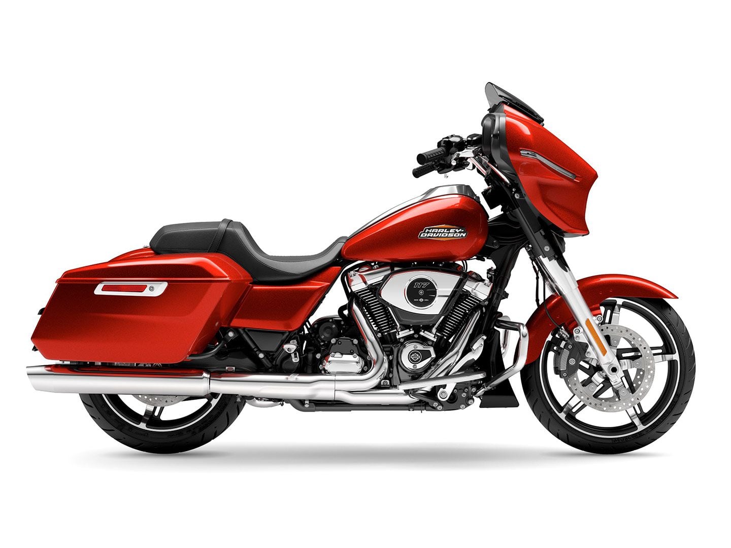 The 2024 Street Glide shown in Whiskey Fire (at an additional $850) with the chrome trim option. MSRP starts at $25,999.