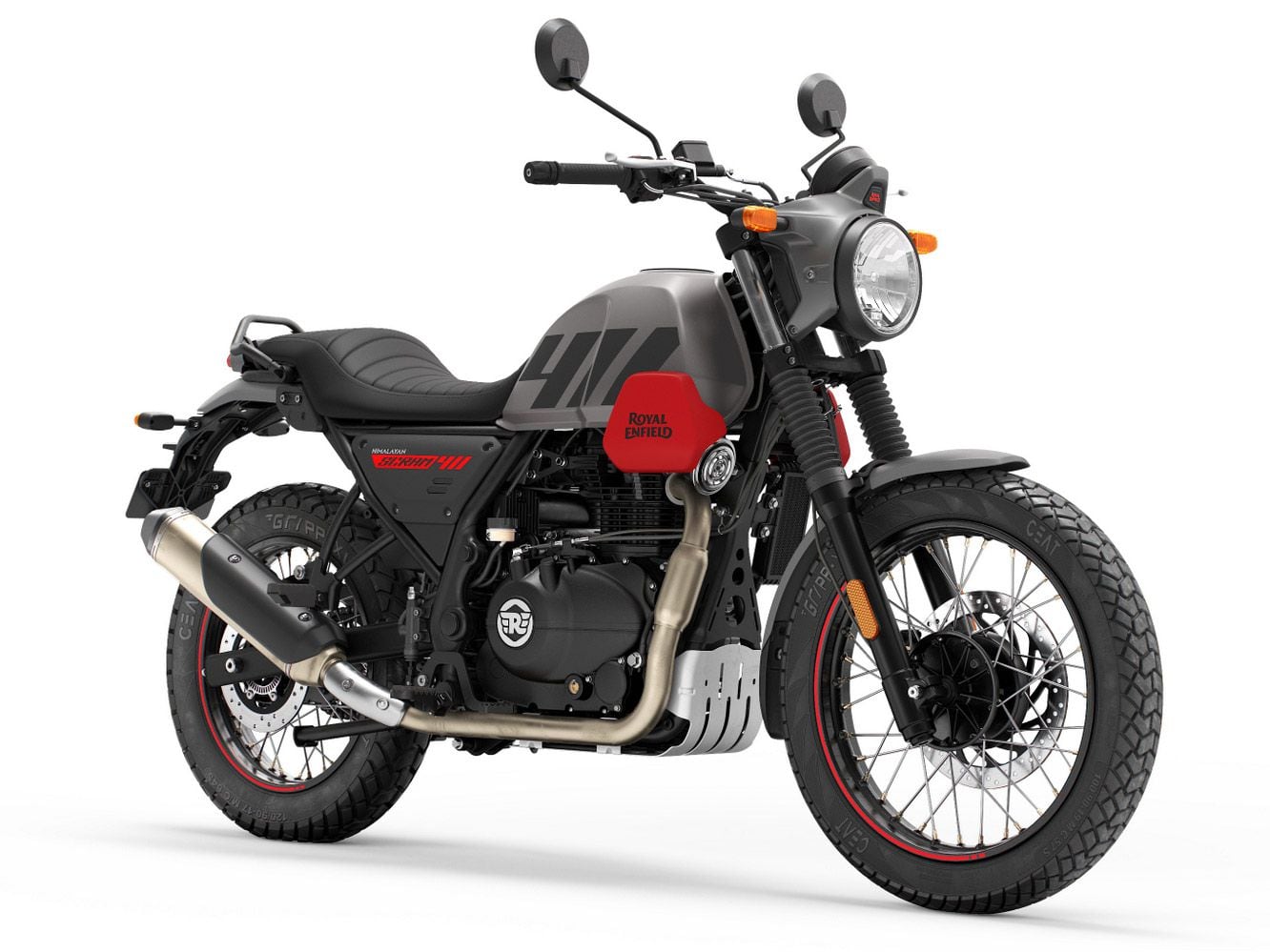 The chassis, engine, fuel tank, and suspension all carry over from the Himalayan, though the Scram gets a smaller 19-inch front wheel.