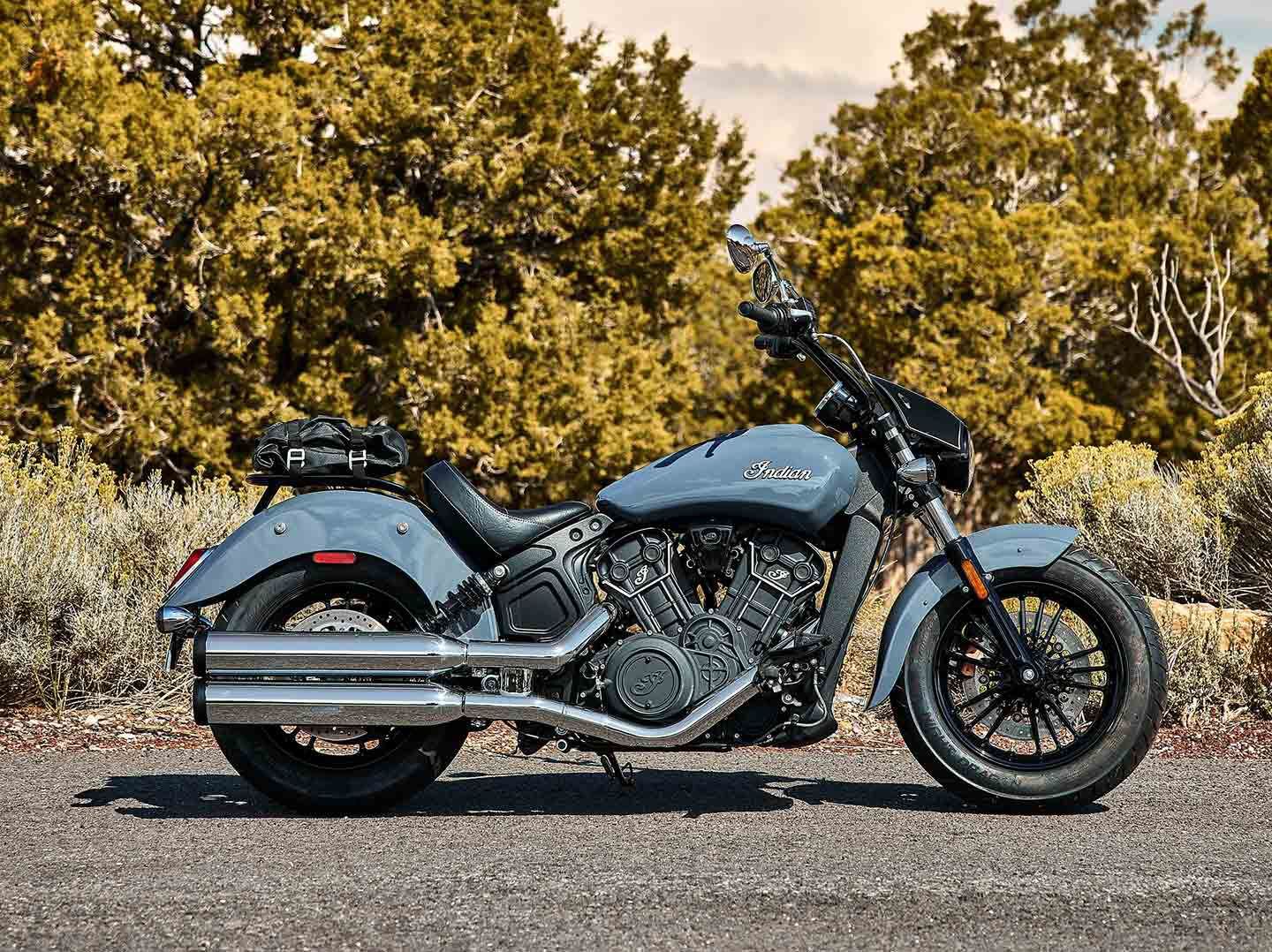 The smaller 60ci Scout Sixty is also back in the lineup without any changes, and for 2024 there are only two color options: Black Metallic ($11,749 without ABS) and the Stealth Gray seen here ($13,149 with ABS). This bike also sports an accessory fairing, luggage, and handlebar.