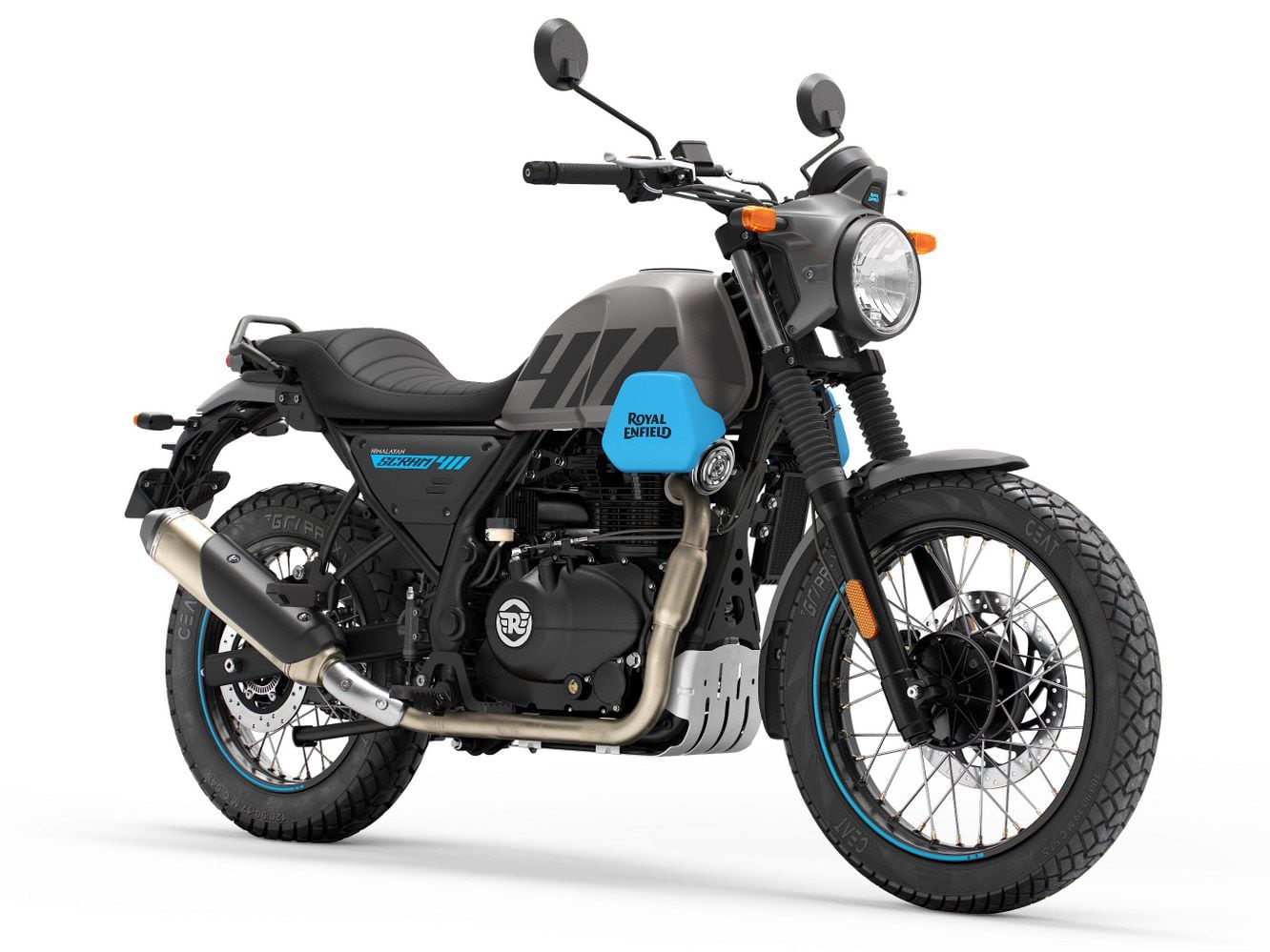 The Scram betrays its casual off-road intent with a skid plate, fork gaiters, and semi-knobbies. The base model here shown in the Graphite Blue option.
