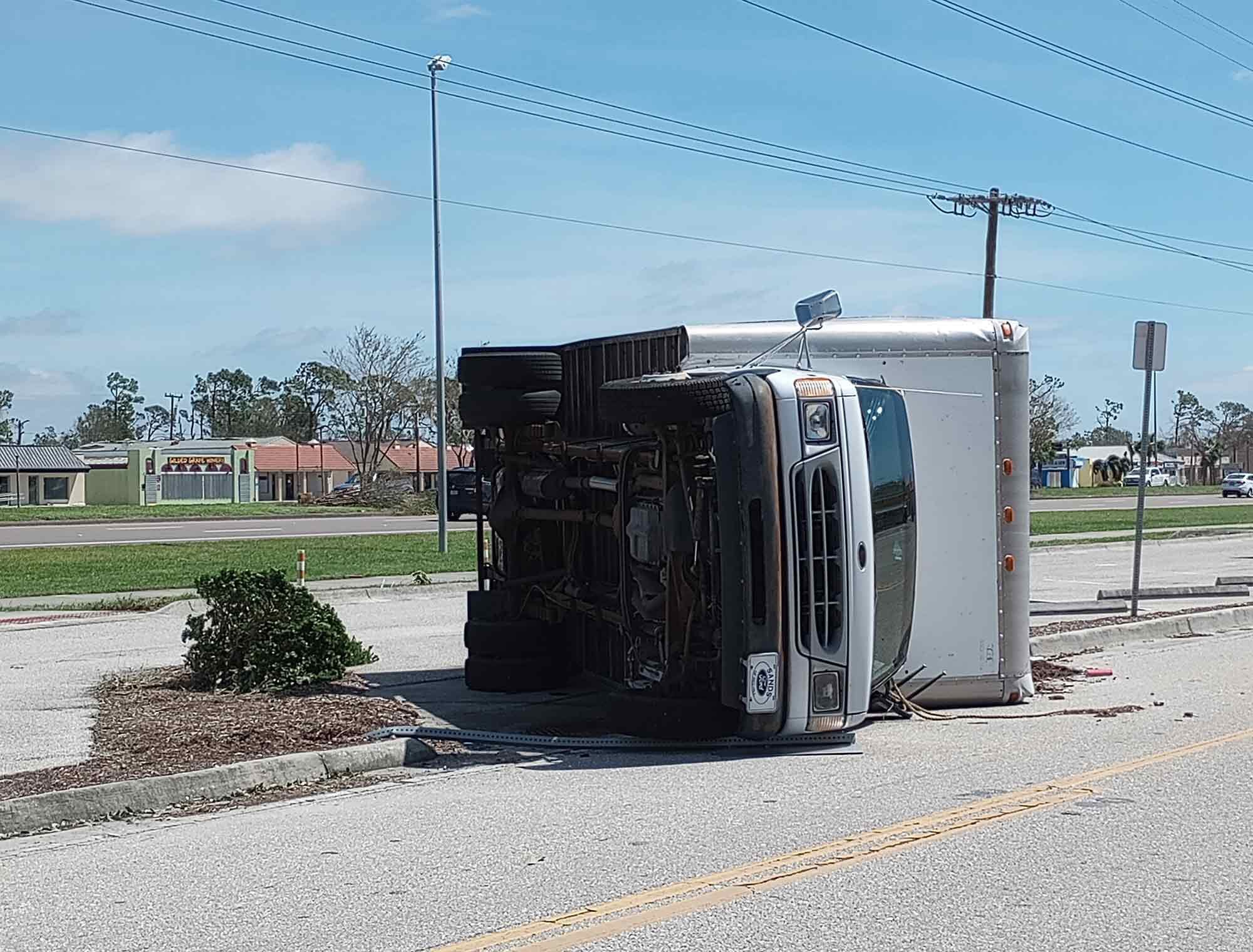 Storm winds were strong enough to knock over a truck.