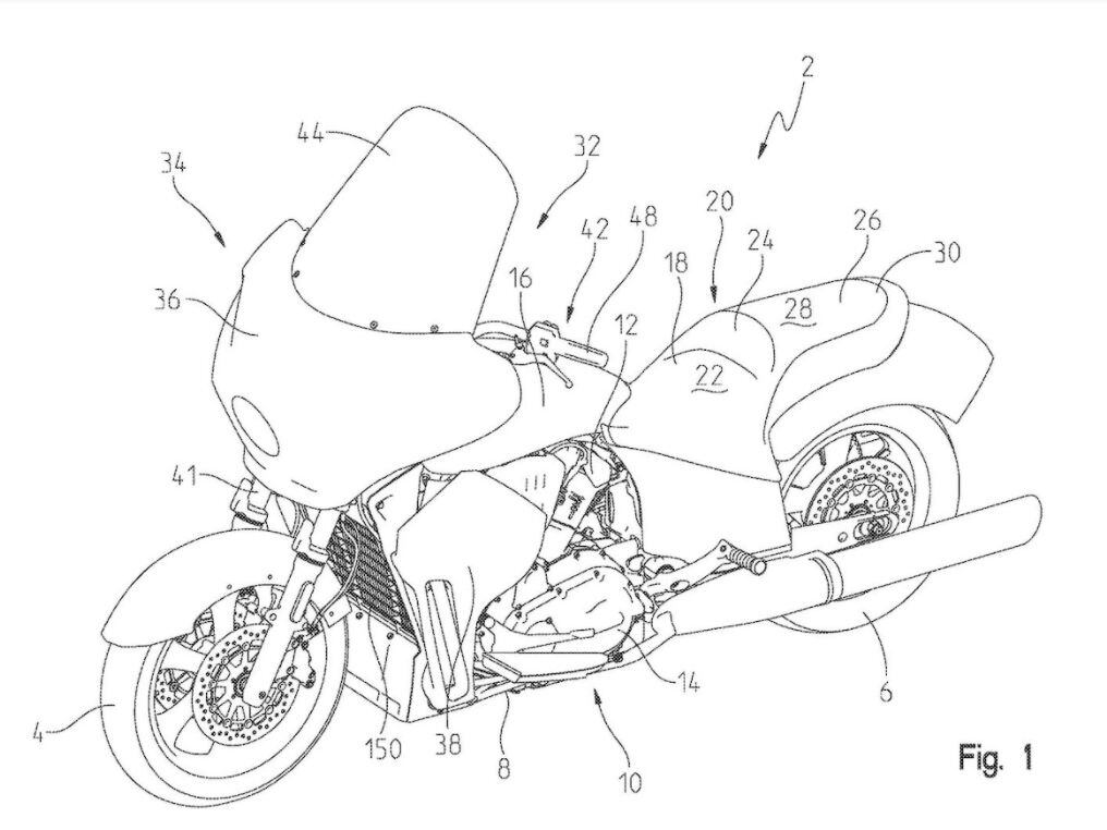 An earlier patent showed a traditionally styled machine with a liquid-cooled engine but with a batwing-style fairing and no trunk.