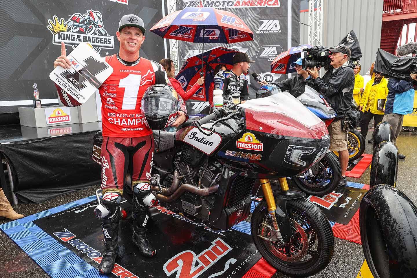 Tyler O’Hara celebrates Indian’s King of the Baggers championship at a rain-soaked New Jersey Motorsports Park. Indian also took top honors in the 2022 Super Hooligan National Championship (SHNC) and American Flat Track SuperTwins.