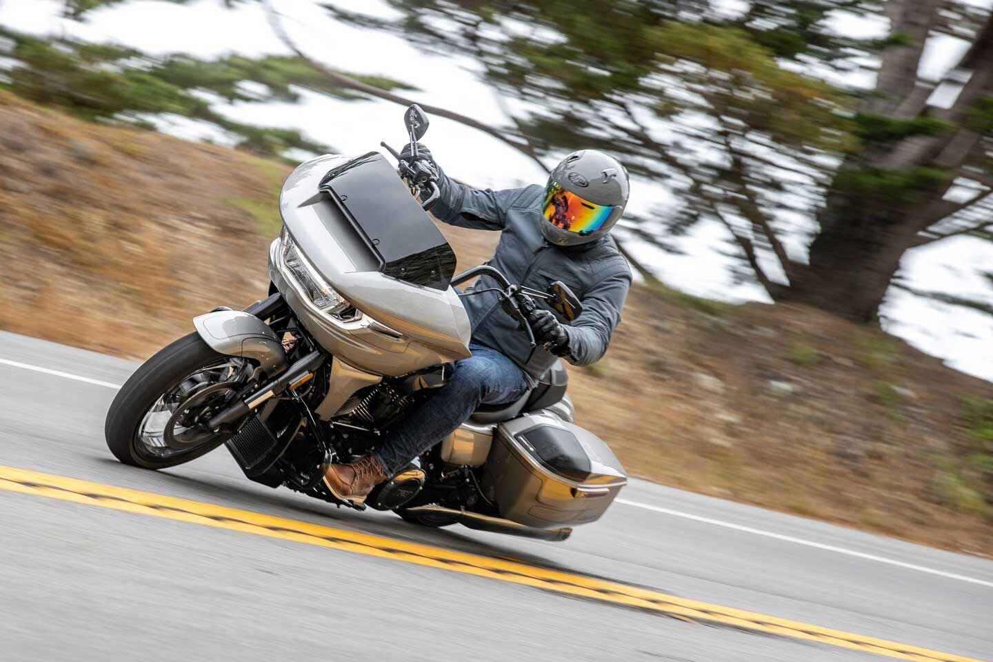 Although the CVO Road Glide weighs more and has a more spacious cockpit, it steers lighter and is more planted in corners than the Street Glide.