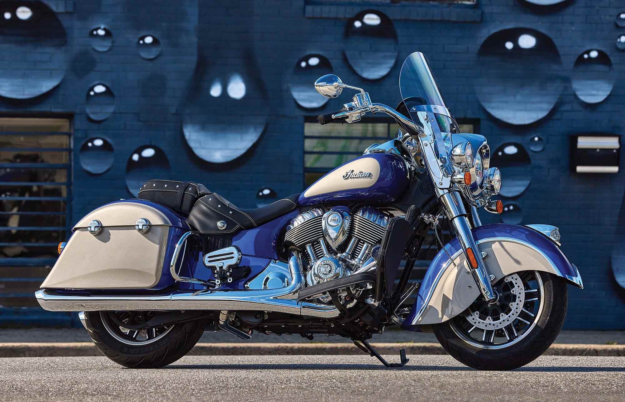 Rocking a classic style with valanced fenders and lots of chrome, the 2023 Springfield returns with its quick-release windshield and locking saddlebags as standard equipment. A new clutch is meant to improve feel and reduce lever effort. This year you can choose between Spirit Blue Metallic over Silver Quartz Metallic or Silver Quart Metallic over Bronze Pearl Metallic, both retailing for $22,499.