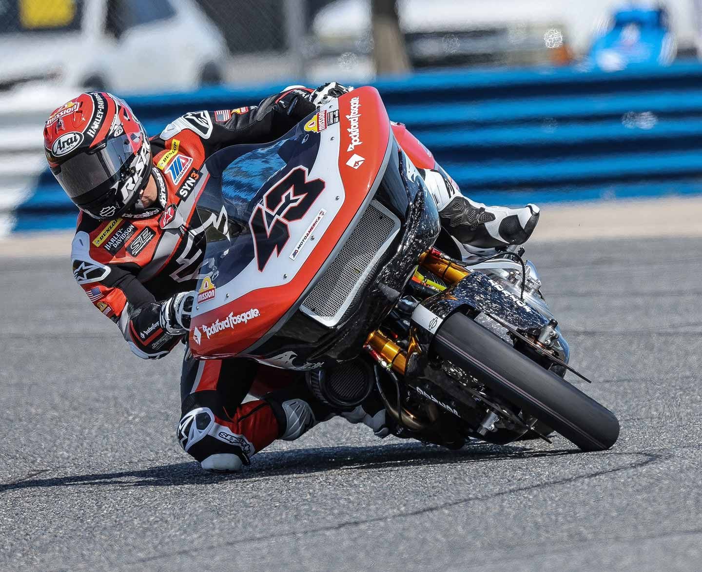 The King of the Baggers opening rounds were held at Daytona, with Harley Factory Racing rider Kyle Wyman winning the two races aboard the team’s new race-prepared 2024 Road Glide motorcycle. Teammate James Rispoli (pictured) finished third in both races.