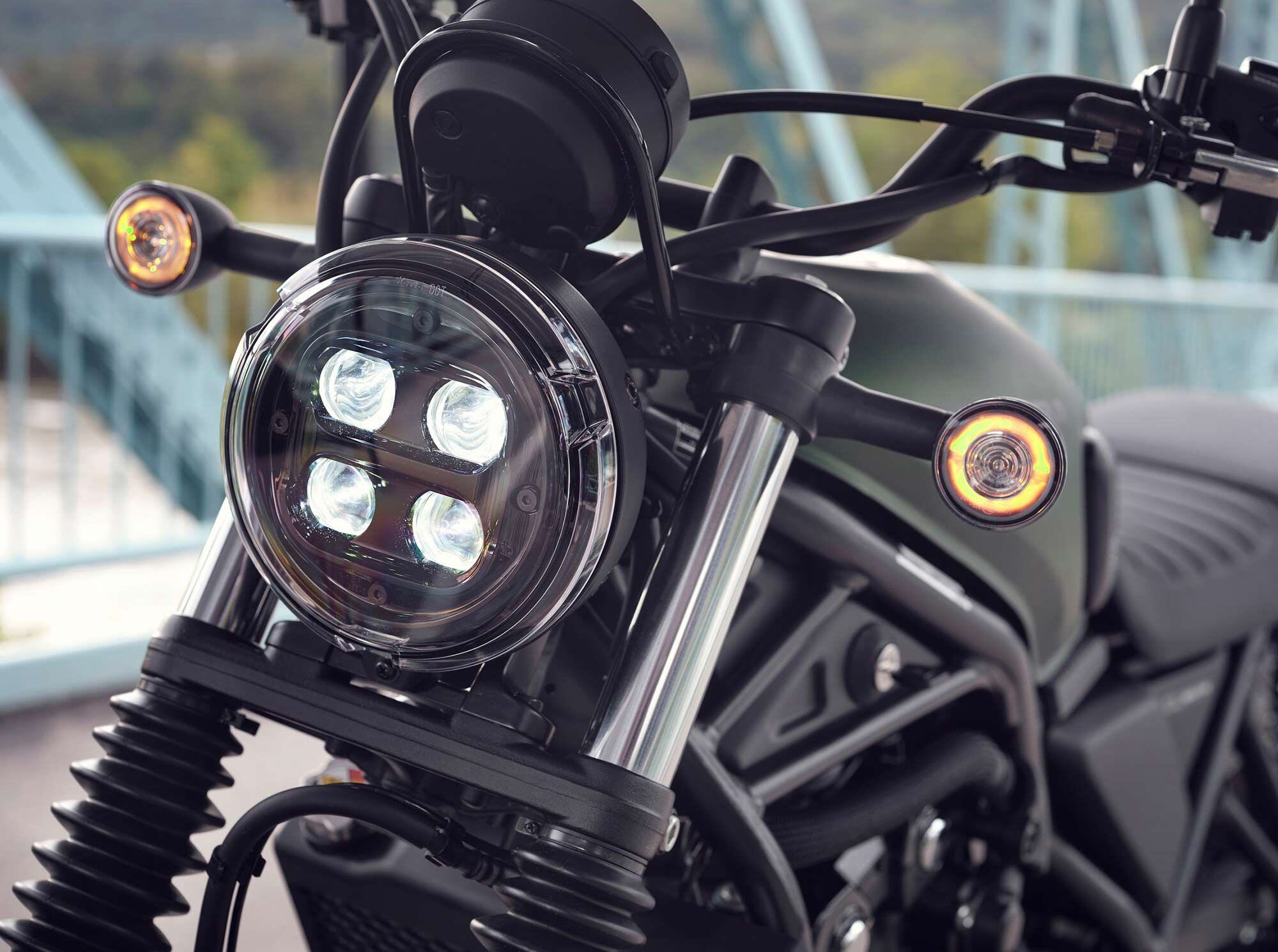 LED lighting front and rear comes standard;circular headlight seen here is shared with the Rebel 500.