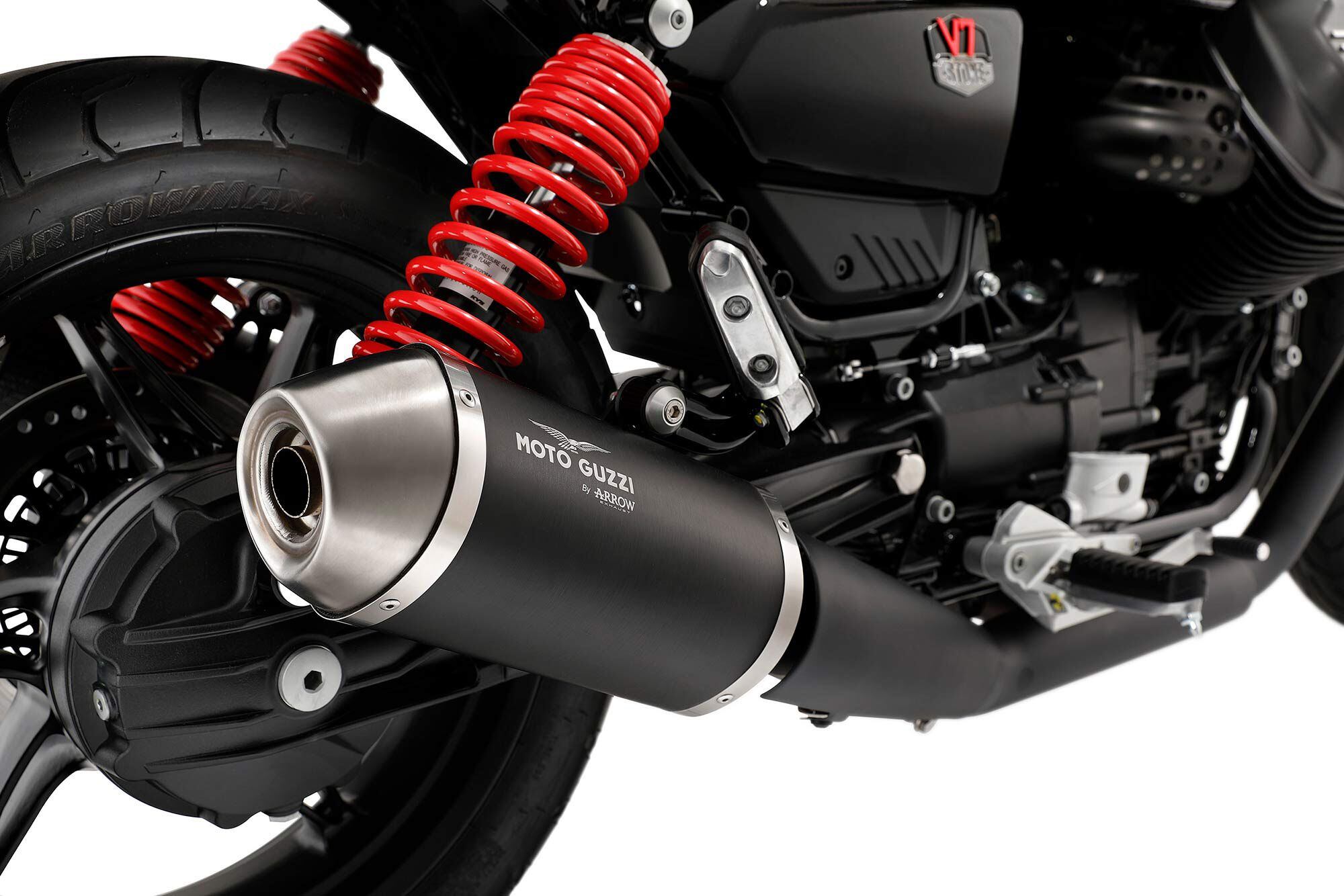 The red shock springs also bring some color to the rear end, but the V7 Stone Special Edition’s new Arrow exhaust is the headline news. The new pipe is said to boost power and torque.