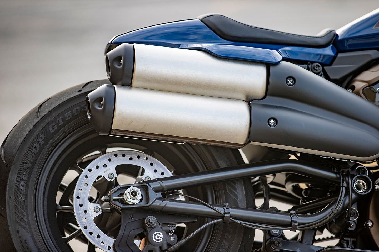 The high-mount exhausts don’t get in the way nearly as much as you’d expect. The seat is thin, but nice in that you can move around on it easily.