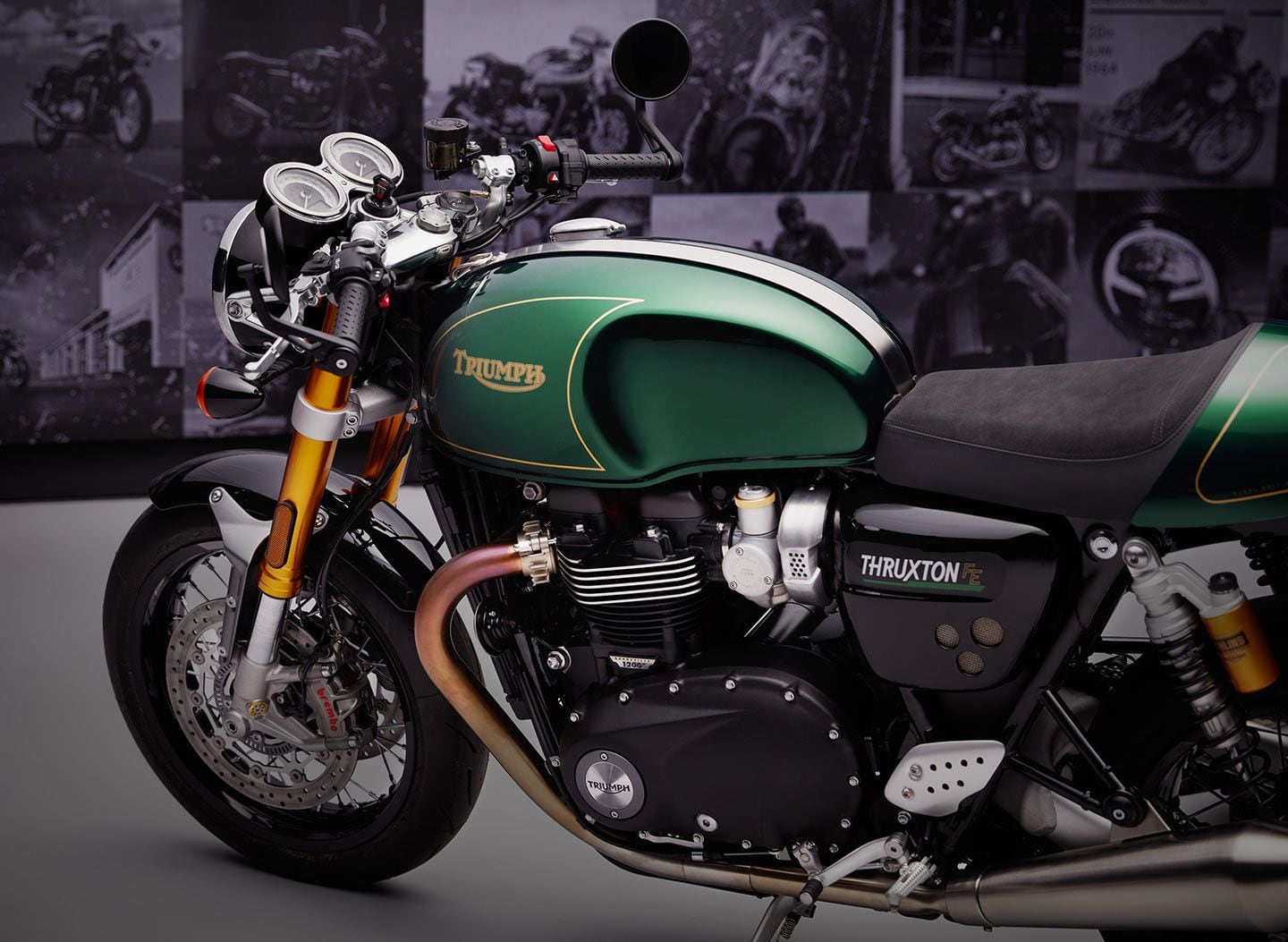 The Thruxton FE is based on the Thruxton RS model but tarts it up with a custom Competition Green paint job, special branding, and model-specific logos.