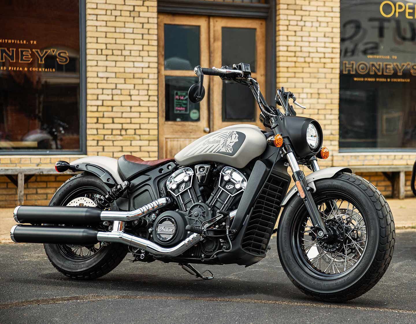 The Scout Bobber Twenty is meant as a homage to the original 1920 Scout, which explains all the retro touches, like wire wheels, mini-ape handlebars, and a low-profile solo seat. The liquid-cooled 100 hp V-twin  is thoroughly modern though, and its punchy acceleration will knife through the rest of the classic crowd. Changes for 2024? Nope, it’s the same-same, with three paint colors to choose from: Black Metallic, Silver Quartz Smoke (pictured), and Maroon Metallic.