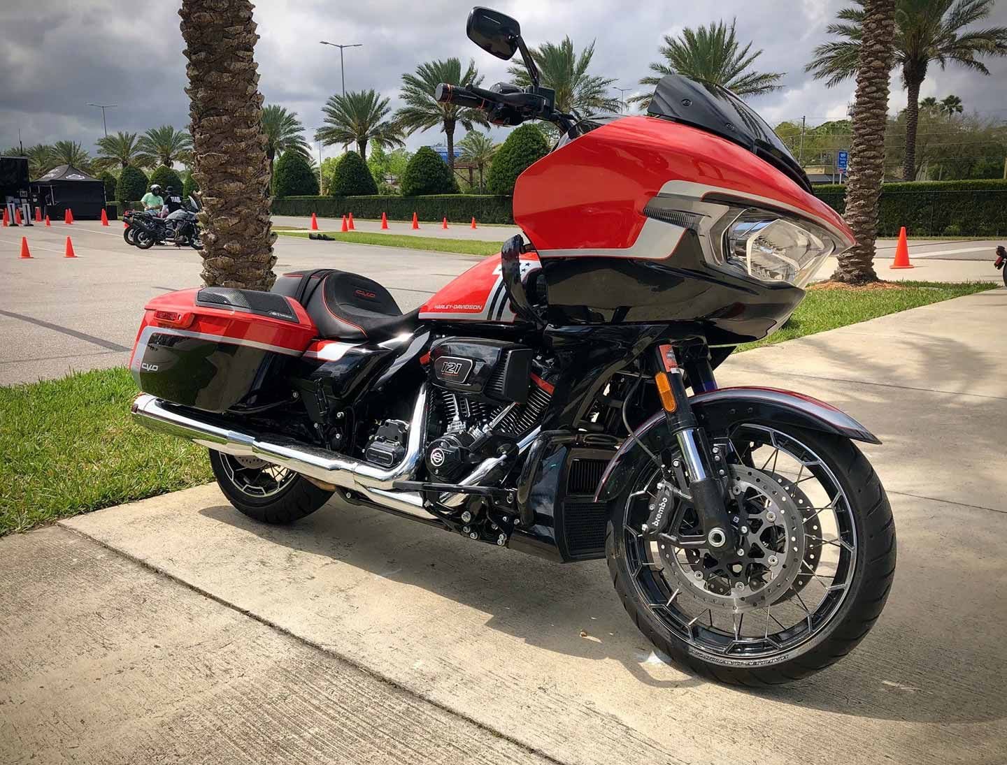Checking out some of the new bikes in the Harley demo area, including this burly 2024 CVO Road Glide with the Milwaukee-Eight VVT 121 engine featuring variable valve timing (VVT).