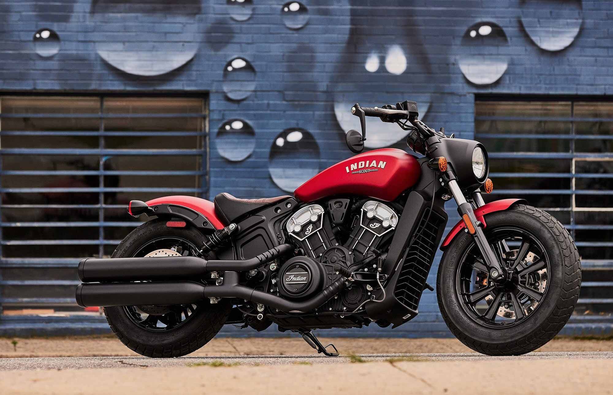 Blacked out and stripped down is the name of the game for the Scout Bobber, although for 2023 it gets a host of new color options: the Indy Red you see here, as well Copper Smoke and Stealth Gray Azure Crystal, all of which cost $14,649 and come with ABS. Other available colors are Ruby Smoke or Springfield Blue, both at $13,649 with ABS, or Silver Quartz Smoke or Sagebrush Smoke, for $14,149 (ABS). Prices start at $12,249 for the base Black Metallic without ABS.