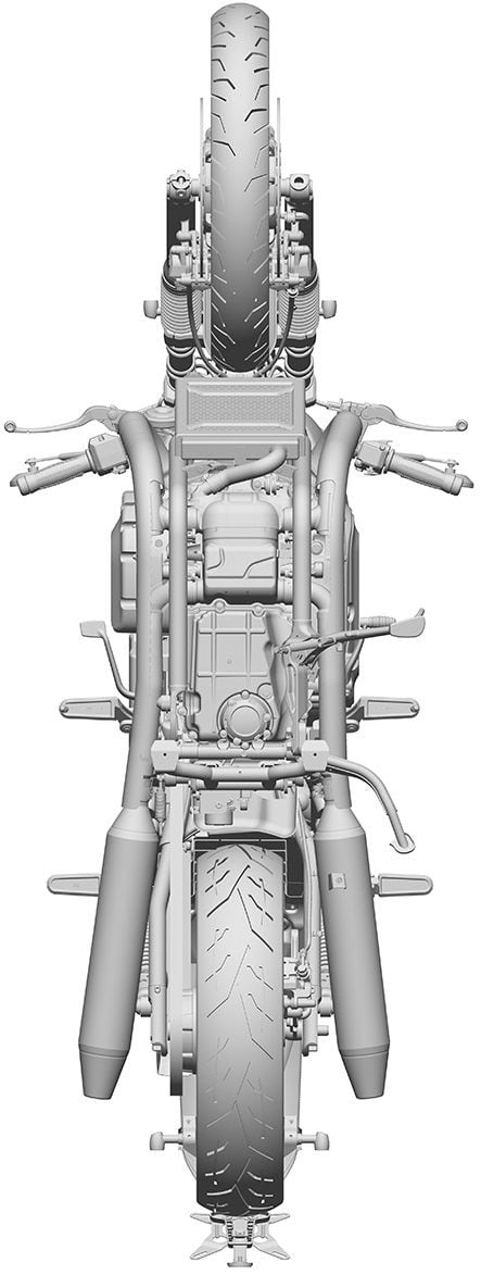 From underneath, you can see Brixton has likewise used Triumph’s solution of routing the true exhaust to a collector box (with a catalytic converter) under the engine.