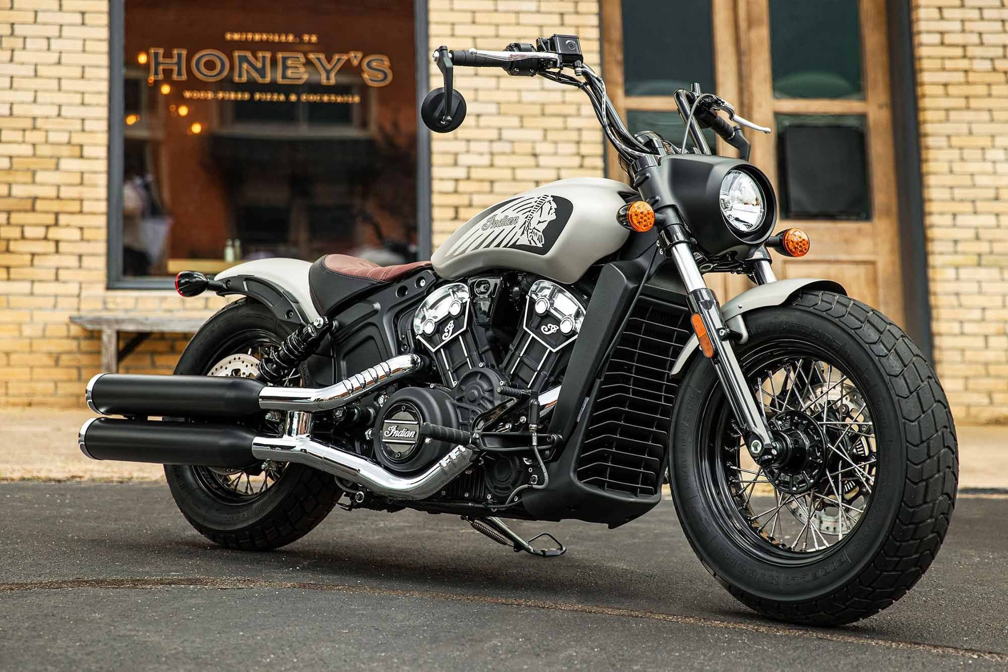 The Scout Bobber Twenty adopts a more retro vibe with wire wheels, mini-ape handlebars, and a low-profile solo seat. For 2023 there are no changes. Colors include: the Silver Quartz Smoke colorway seen here, and Maroon Metallic, both $14,649 and include ABS.