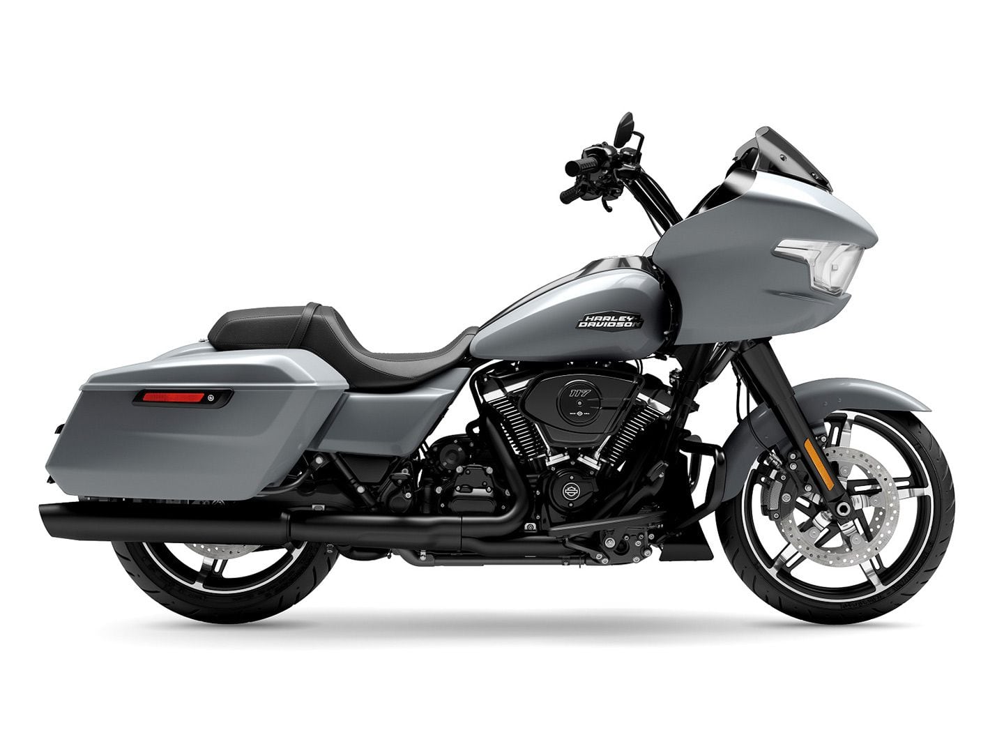 The 2024 Road Glide is available in either chrome or black trim options; the black trim (shown) is an extra $1,350. Billiard Gray is the color.