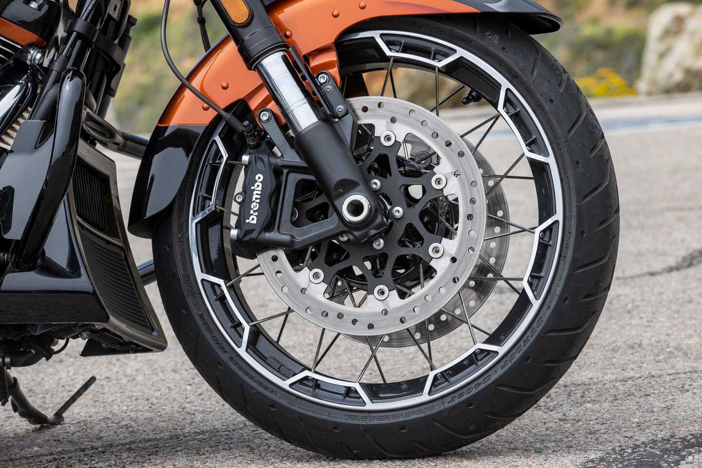 Brembo radial-mount calipers and 320mm discs increase the CVO Glides’ braking performance.