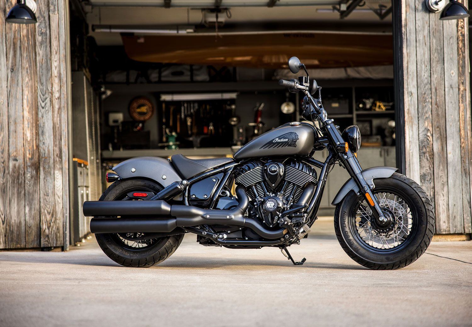 Minimal muscularity. The Indian Chief Bobber Dark Horse showcases the exposed frame and Thunder Stroke 116 engine, and looks good doing it.