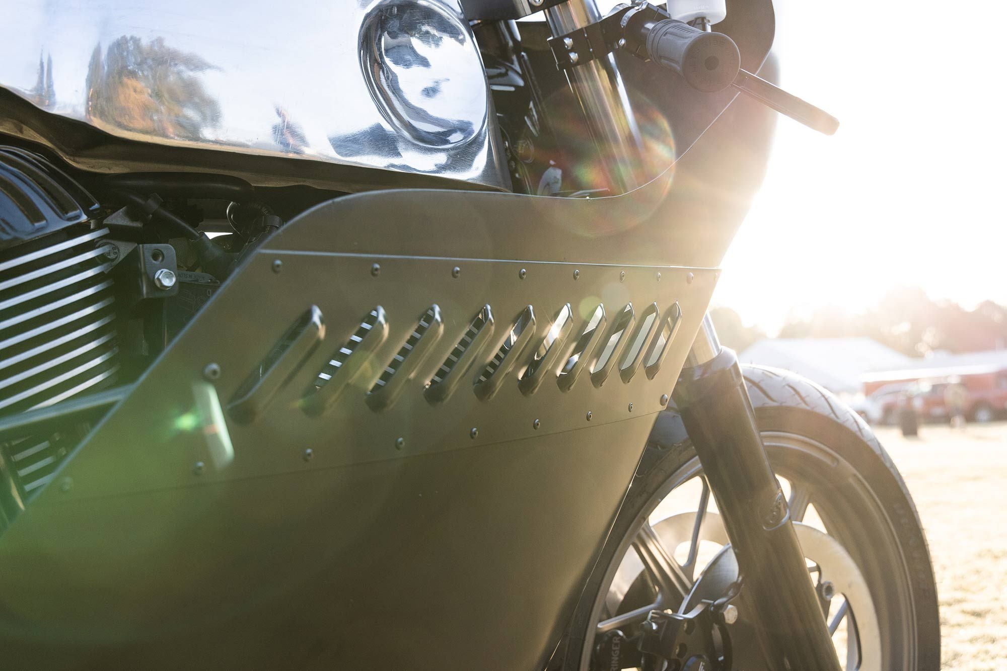 Louvers cut into the ’70s fairing on the ZH x NC custom Indian Chief.