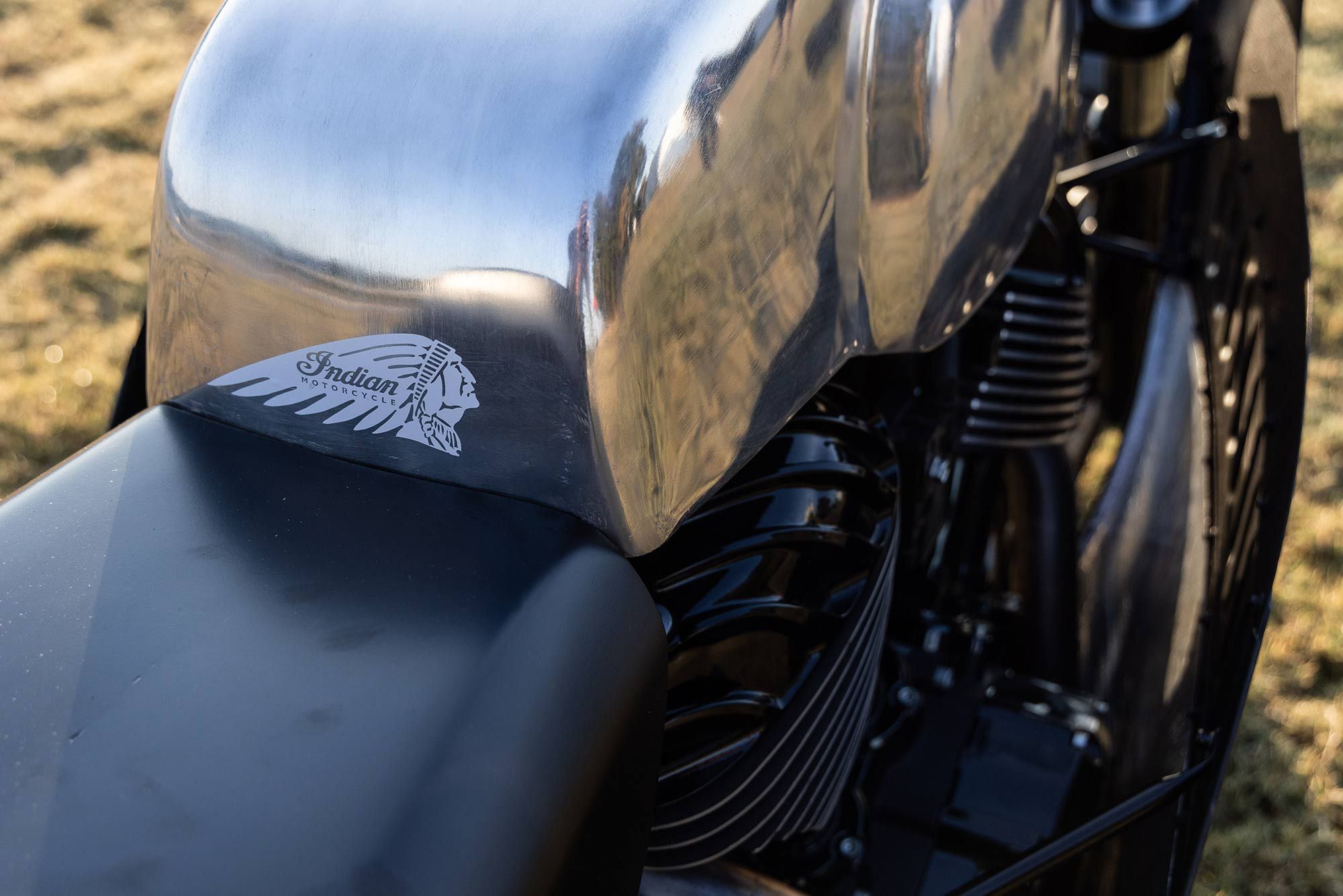 Indian Motorcycle’s headdress logo on the custom tank fabricated by Hindes.