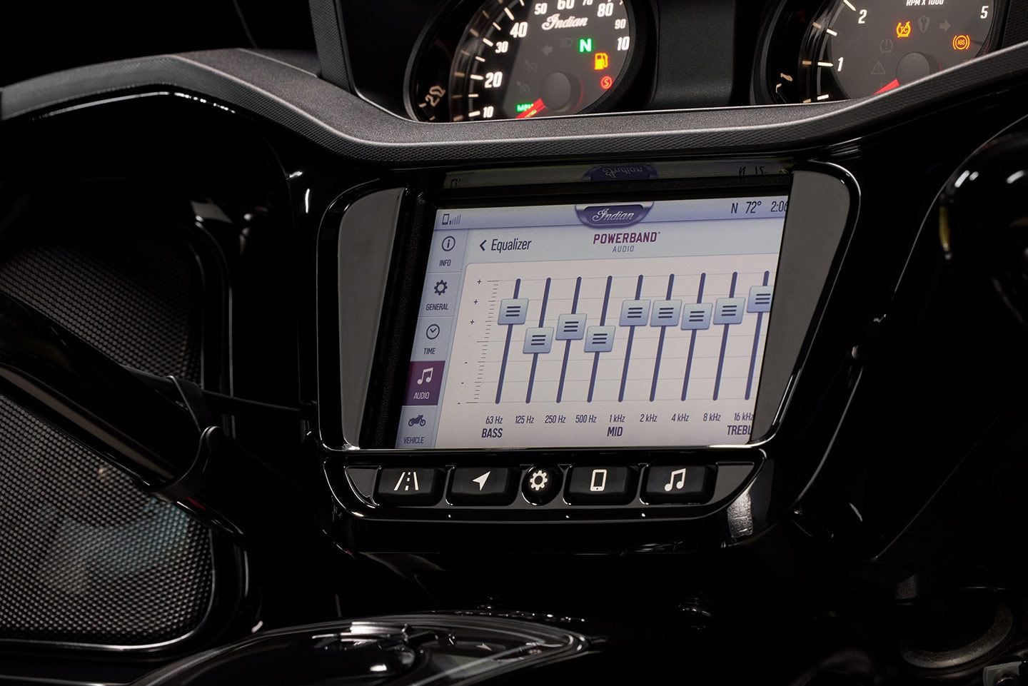 The new audio system uses Ride Command on the 7-inch display to access amplifiers and a nine-band equalizer for higher volume and better clarity at speed.