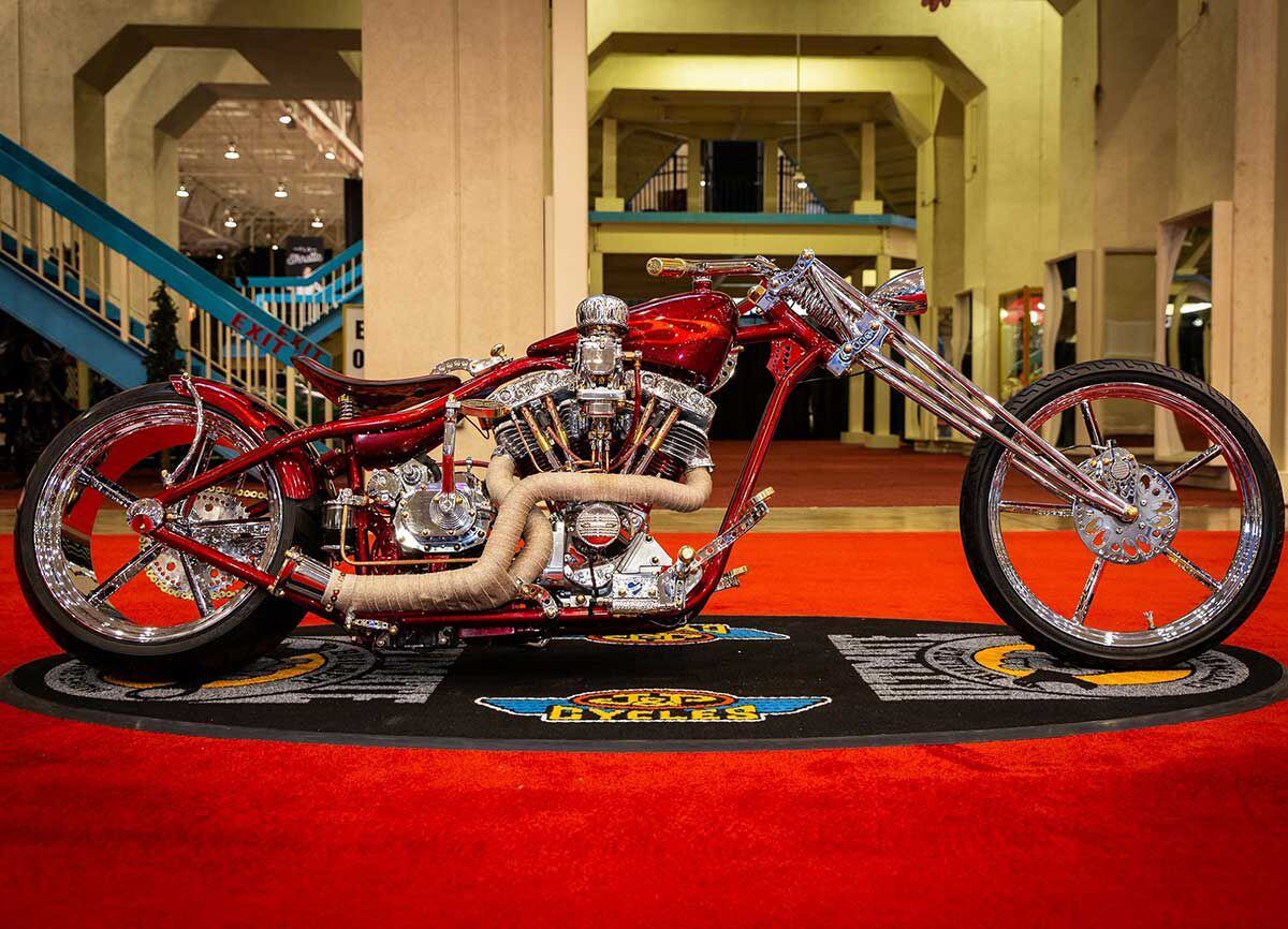 Wayne Burgess and Connery’s custom paint 2006 Shovelhead digger, dubbed “Nancy,” got plenty of eyeballs popping with its hot-rod theme and polished Shovelhead powerplant with diamond-cut heads, a custom exhaust, Mooneyes control pedals, brass accents, and more.