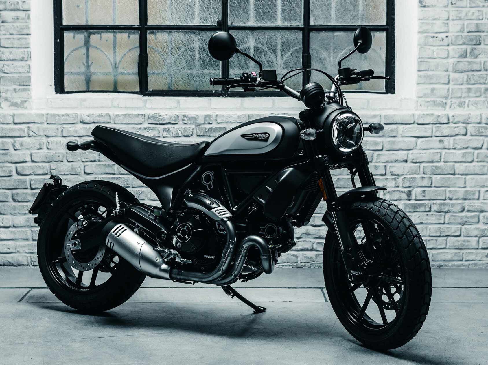 Ducati’s stand-alone Scrambler brand features no fewer than seven models in both 800cc and 1,100cc displacements. Pictured is the Icon Dark.