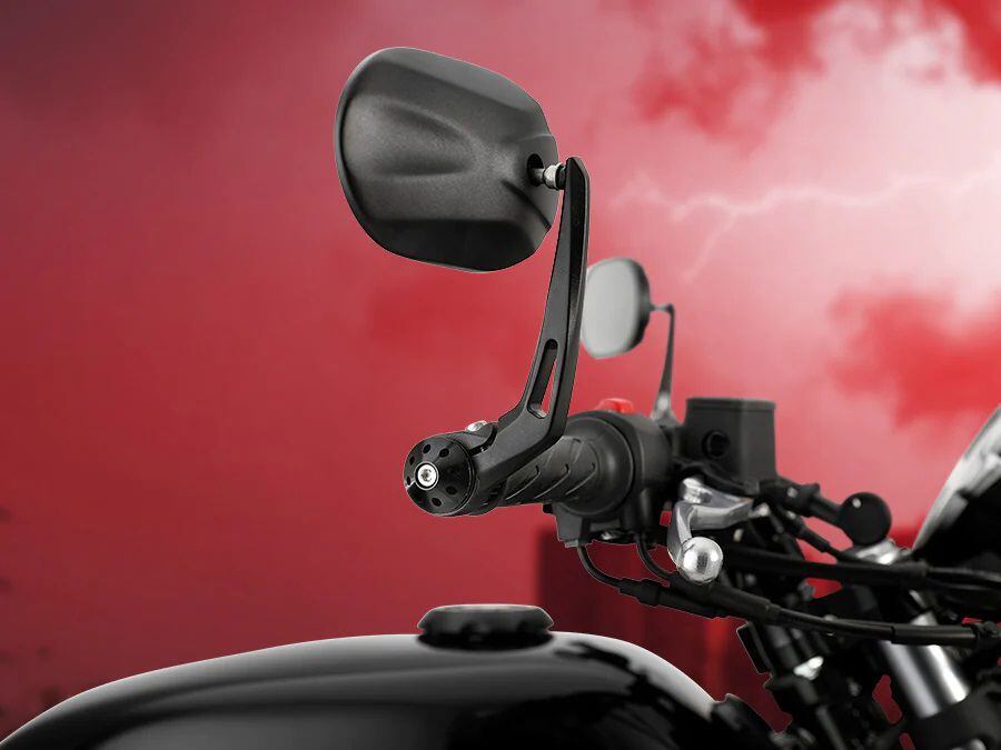 The new bike also gets new anodized bar-end mirrors.
