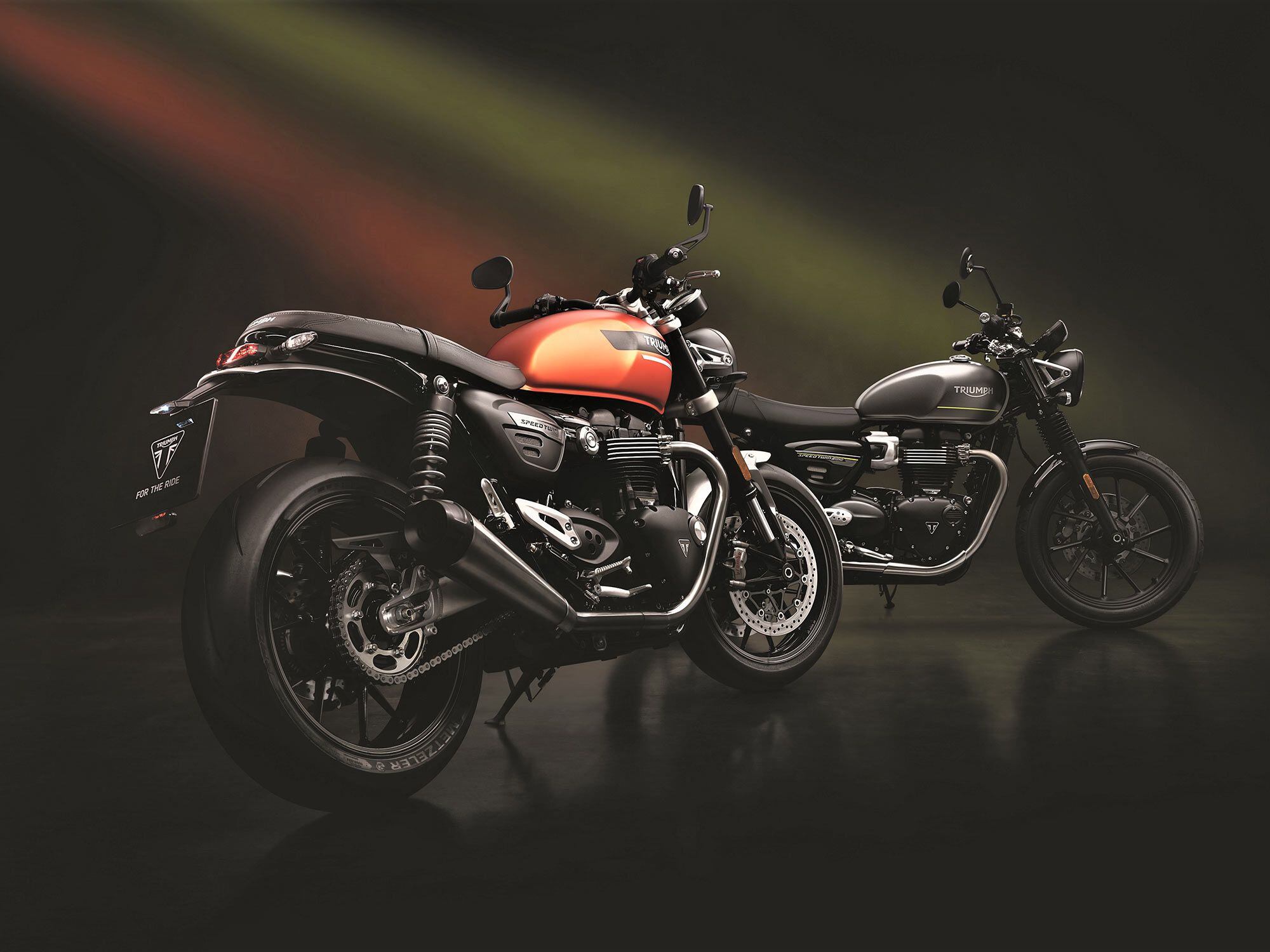 Triumph has renamed the Street Twin the Speed Twin 900 (background), thereby creating a Speed Twin family with the 1,200cc model (front).