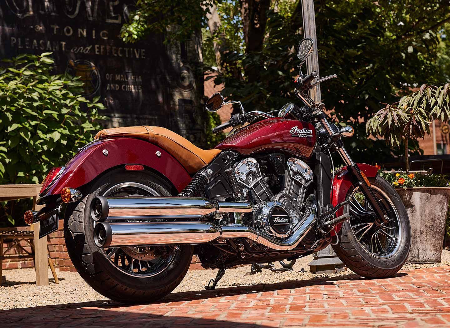 For 2024, the Indian Scout continues rolling with a liquid-cooled 1,133cc V-twin that spits out 100 hp and 72 lb.-ft. of torque. The base model in Black Metallic without ABS is priced at $13,249—the same as last year. You can also choose from Silver Quartz Metallic; Maroon Metallic (seen here); Spirit Blue Metallic over Black Metallic; Black Metallic over Silver Quartz Metallic; and Copper Metallic over Black Metallic colors.