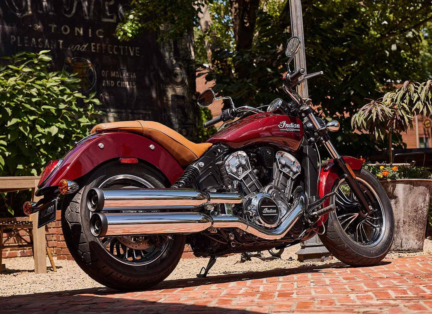 For 2024, the Indian Scout continues rolling with a liquid-cooled 1,133cc V-twin that spits out 100 hp and 72 lb.-ft. of torque. The base model in Black Metallic without ABS is priced at $13,249—the same as last year. You can also choose from Silver Quartz Metallic; Maroon Metallic (seen here); Spirit Blue Metallic over Black Metallic; Black Metallic over Silver Quartz Metallic; and Copper Metallic over Black Metallic colors.