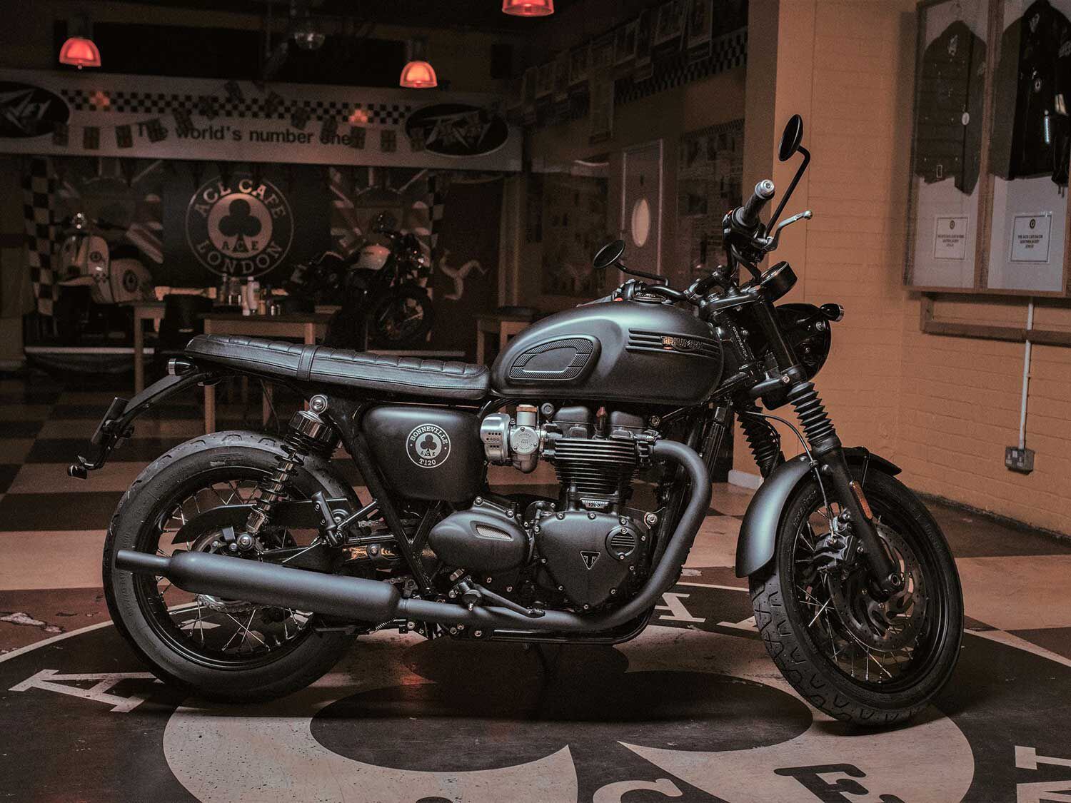 The limited-edition blacked-out T120 Ace model is the result of a partnership between London’s Ace Café and Triumph. Production is limited to 1,400 units.