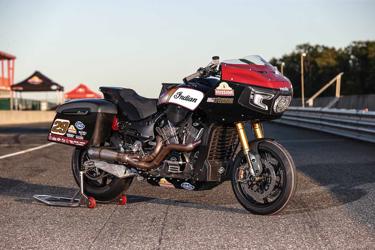 O’Hara’s Challenger in nearly the same spec as it would be for our test. The 2023 bike will use a handful of new parts, the most noticeable being a new intake. The system here required some modifications to the fuel tank.