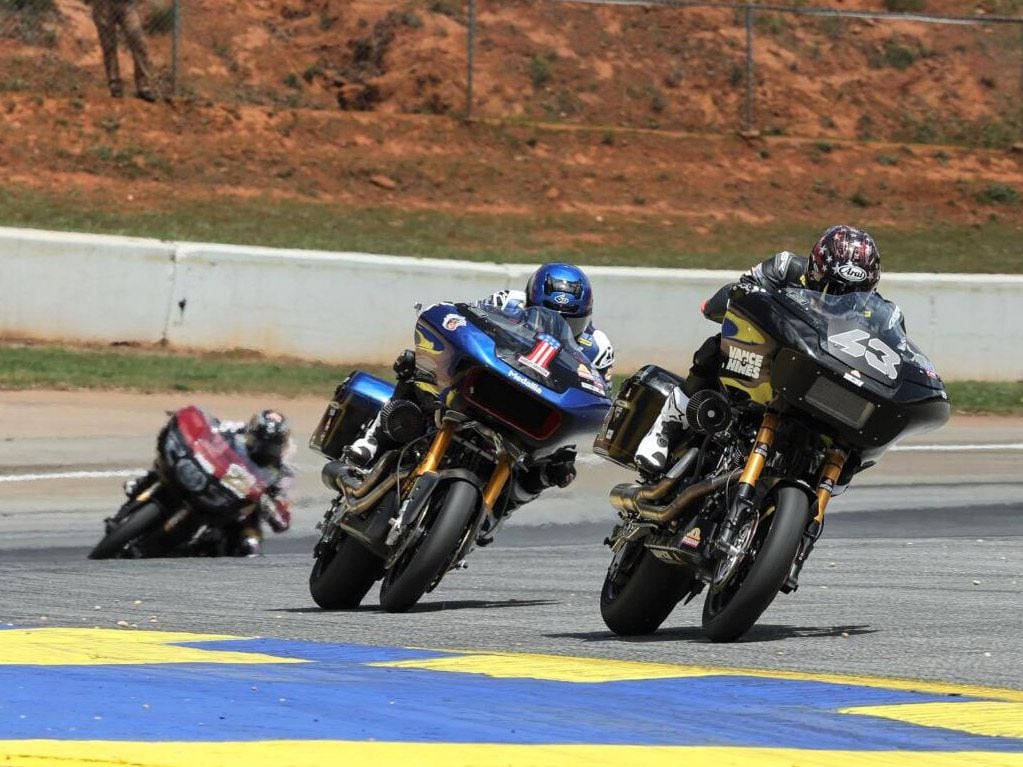 Vance & Hines’ James Rispoli, seen here leading in the opening laps, finished second aboard his race-prepped Road Glide.