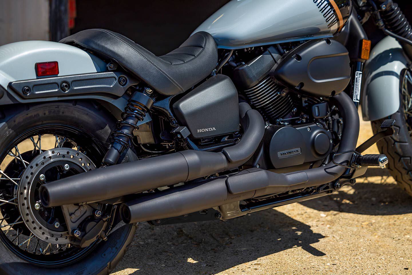 The Honda Shadow Phantom is blacked out from the cylinder head covers to the exhausts.