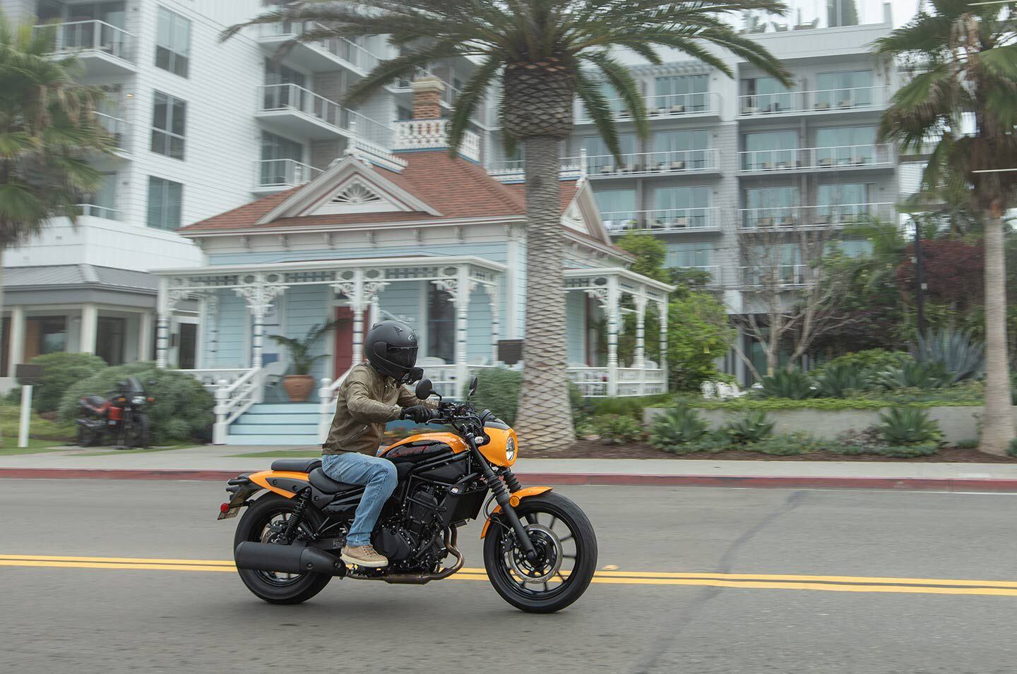 It was fitting to have the 2024 Kawasaki Eliminator launch at the Mission Pacific Hotel in Oceanside, California. In the background you can see an exact replica of Maverick’s Kawasaki ZX900 parked next to the original <i>Top Gun</i> house from the 1986 film.